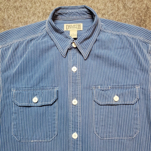Duluth Trading Co. Button Down Shirt Mens Large Blue Striped Workwear Pockets - Picture 1 of 7
